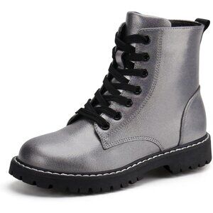 Kids Grey Ankle Boots Boys Girls Side Zipper Lace Up Work Boots Combat Boots